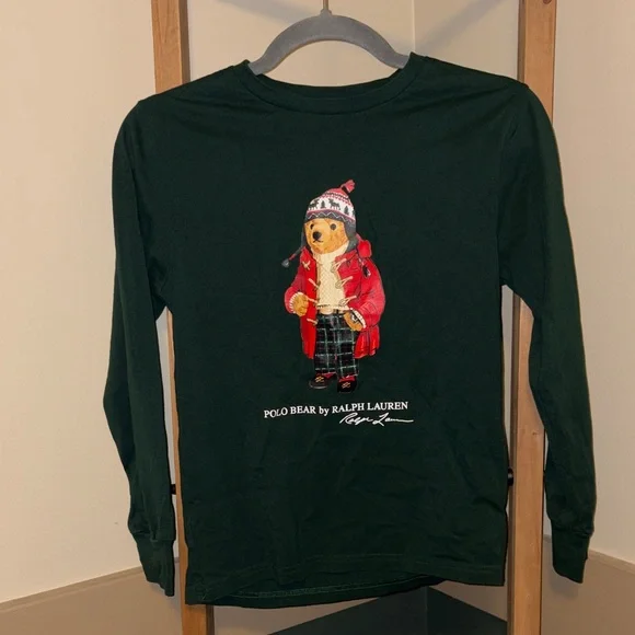 Ralph Lauren Kids Dark Green Long Sleeve Tee with Bear Design - Picture 2 of 5